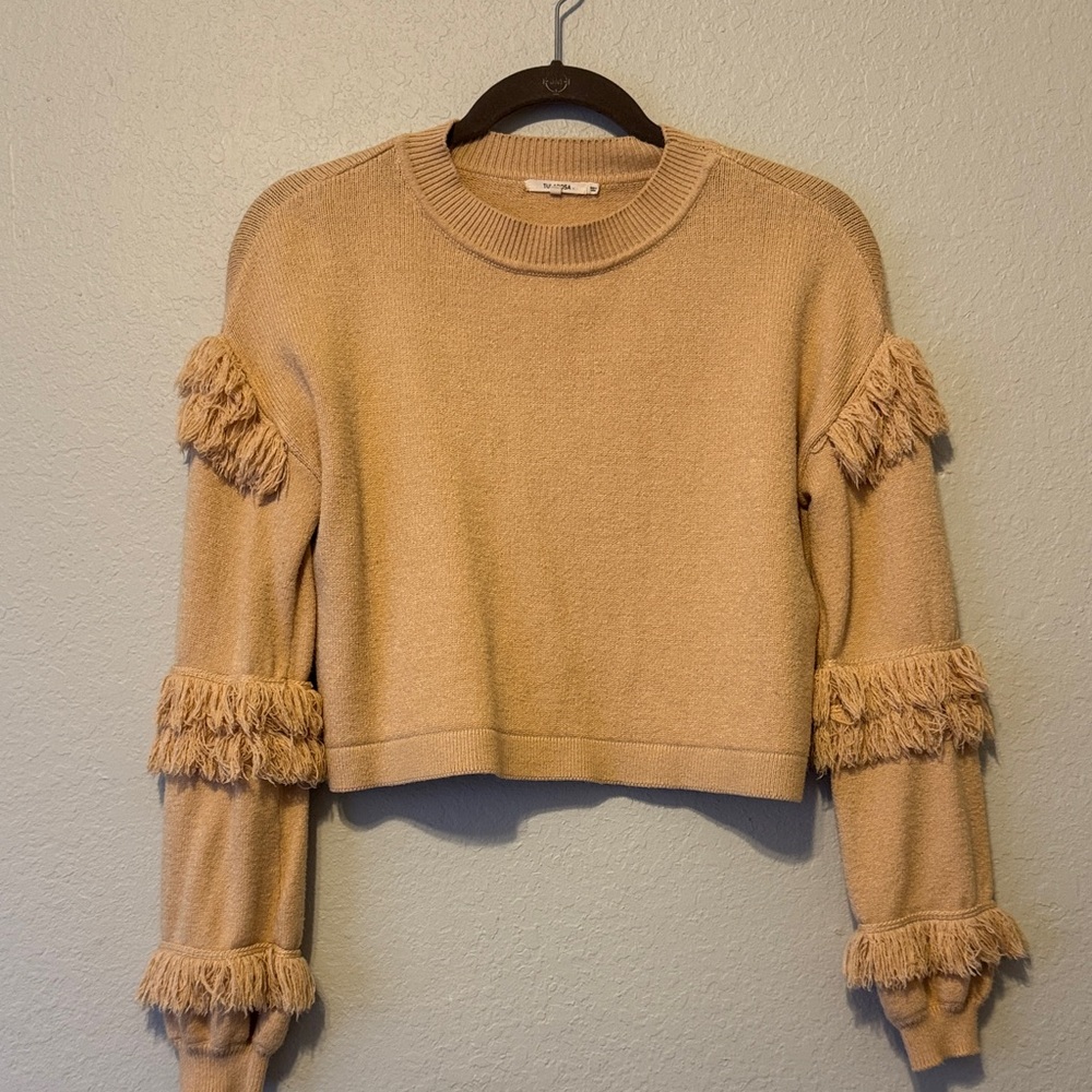 Tularosa Tan Cropped Crew Neck Sweater with Fringe